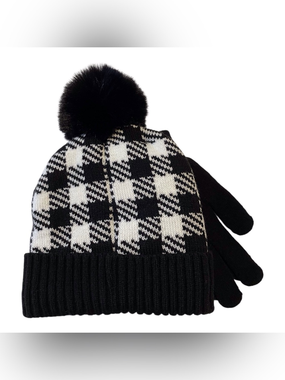 London Fog Girls Black &White Checkered Hat and Gloves, OS - Picture 2 of 5